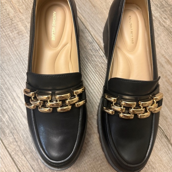 ANTONIO MELANI Black Loafers with Gold Chain Detail - Picture 1 of 4